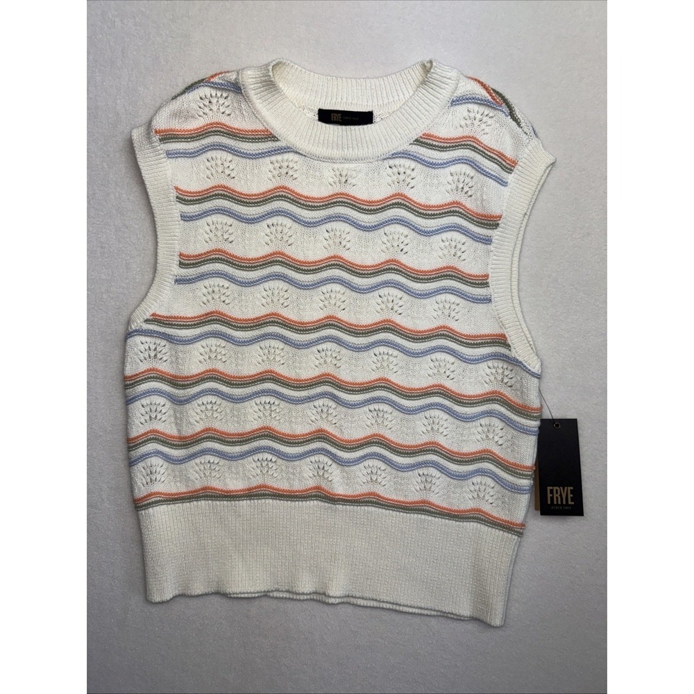Frye Women Medium Salt Breeze Knit Vest Pointelle Combo‎ Stripe White NWT